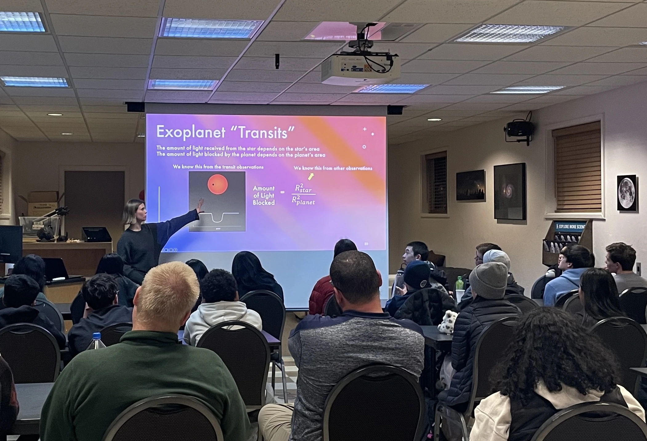 Anna Taylor giving an exoplanet transit talk to students at UA Sky School
